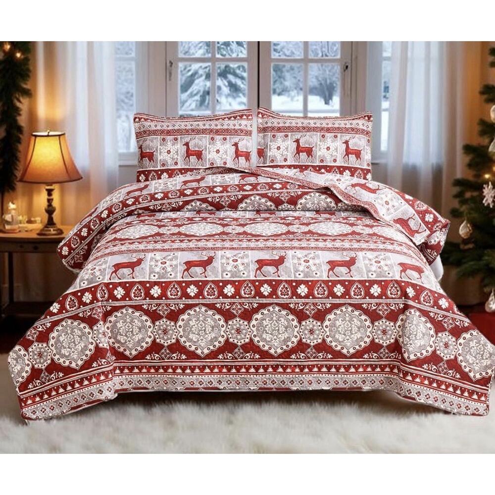 3 Pcs Red Gray Christmas Reindeer Bedding Quilt Set King